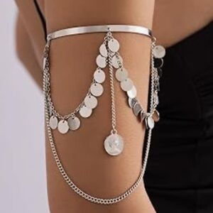 Silver Grecian goddess arm band chain jewelry boho leaf coin slave cuff festival